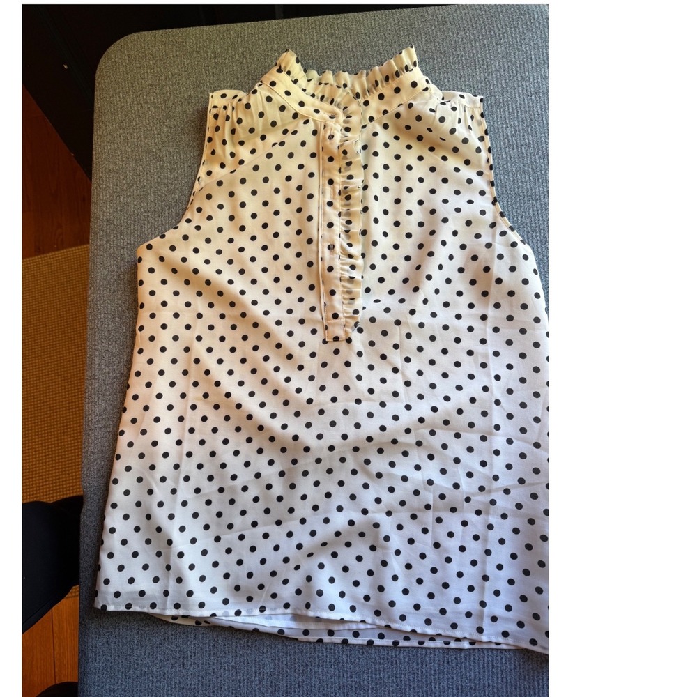J.Crew Polka Dot Ruffle Neck Sleeveless Blouse Cream Black Size 8